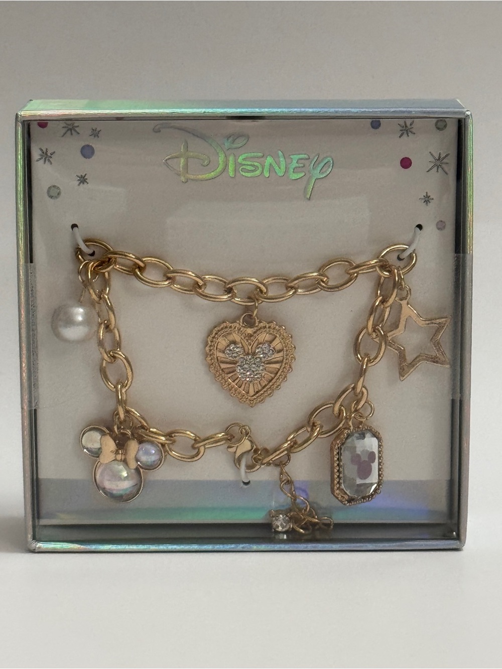 Disney Mickey Minnie Charm Bracelet Gold Tone Gift Box NWT